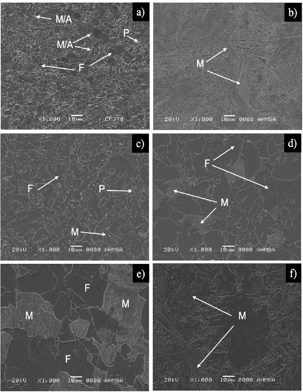 Photomicrographs obtained by SEM. (A) Untreated steel, (B) TT1, (C) TT2, (D) TT3, (E) TT4, and (F) TT5. F, ferrite M; martensite; MA, martensite/austenite; P, pearlite,; SEM, scanning electron microscopy; TT, thermal treatment.