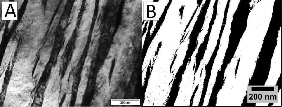 (A) Bright field image of bainitic sheaf (TEM). (B) Prepared image for area fraction measurement of film-like austenite. TEM, transmission electron microscopy.