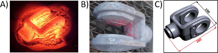 View of (A) a ‘hot’ forging with the flash after the forging process, (B) a cooling forging after trimming, and (C) a CAD model of a forging after mechanical treatment.