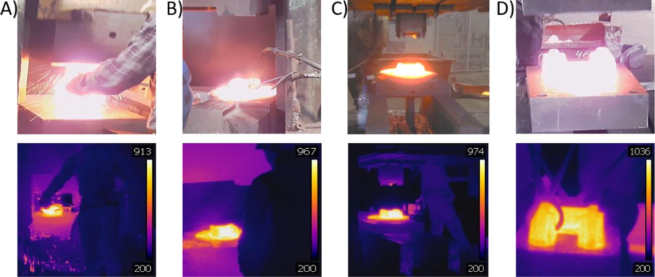 Images of the consecutive operations of forming a yoke-type forging and the corresponding analysis of the temperature distributions made with a thermovision camera: (A) upsetting during open die forging; (B) finishing forging; (C) hot trimming; and (D) calibration.