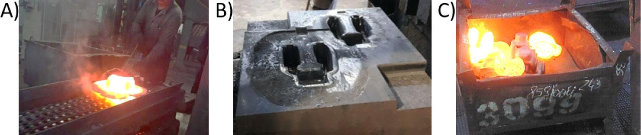 Other selected stages of the process which can affect the correctness of the whole technology: (A) transport of the forging from open forging to die forging; (B) lower die for roughening and finishing forging during a maintenance shutdown; and (C) container with hot forgings after hot calibration.