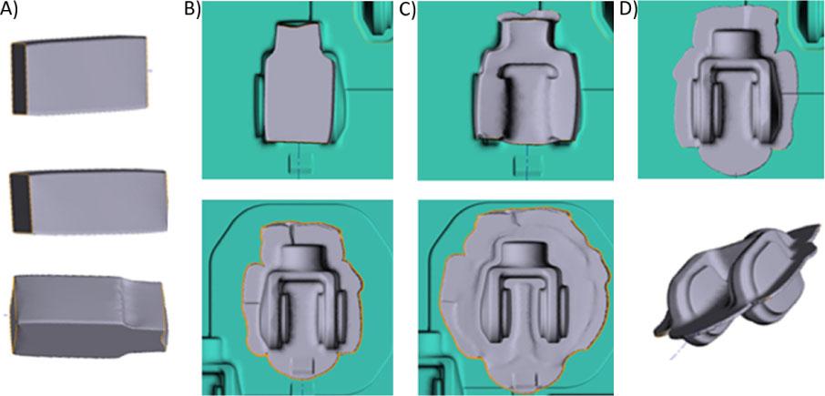 View of the impression's filling: (A) open forging operations; (B) forging in the roughing pass (placing the preform, after the second blow, and after the last blow); (C) forging in the finishing impression (after the first and the last blows); and (D) model of a ready forging with flash.