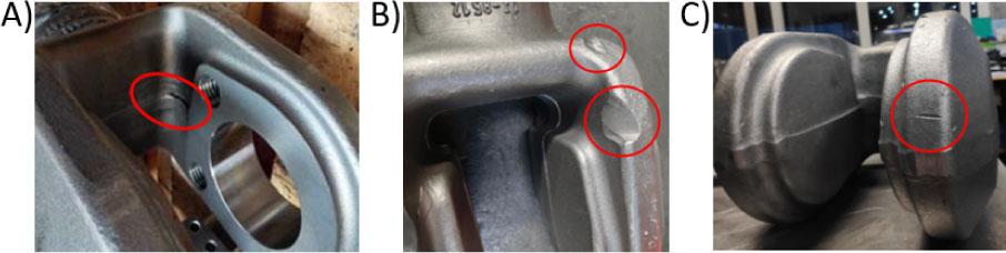 Defects on the forgings observed after the forging process: (A) laps revealed after mechanical treatment between the arms in the parting plane; (B) underfills observed after shoot blasting; and (C) cuts and wraps after trimming and blasting.