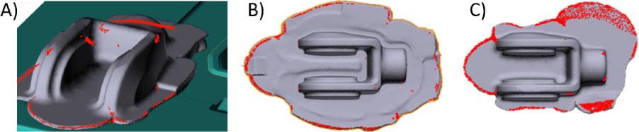 The most common forging defects and exemplary results of forging defect detection obtained from FEM, using the “folds” function (laps): (A) visible laps on the arms and in the shank during preliminary die forging; (B) wrong arrangement in the die (too high) – laps on the arms, (C) too strong flattening of the tip (laps on the corners and in the mandrel). FEM, finite element method.