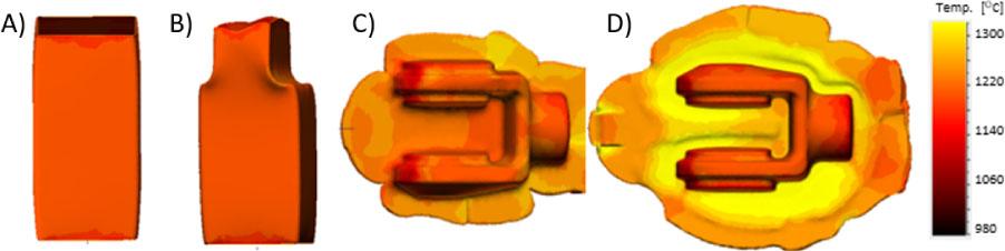 Temperature distribution on the material in initial forging: (A) after upsetting; (B) after flattening the end and leveling; (C) after initial forging (after four strokes); and (D) after finishing forging (after two strokes).