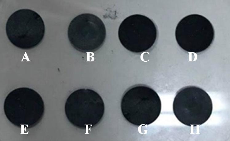 Superconductor sample preparation for measurement of electrical properties of disk-like samples: (A) YBCO-900-ref, (B) YBCO-1000-ref, (C) YCaBCO-900-eggshell, (D) YCaBCO-1000-eggshell, (E) YCaBCO-900-com grade, (F) YCaBCO-1000-com grade, (G) YCaBCO-NaOH-900-eggshell, and (H) YCaBCO-NaOH-1000-eggshell. YBCO, yttrium barium copper oxide; YCaBCO, yttrium calcium barium copper oxide.