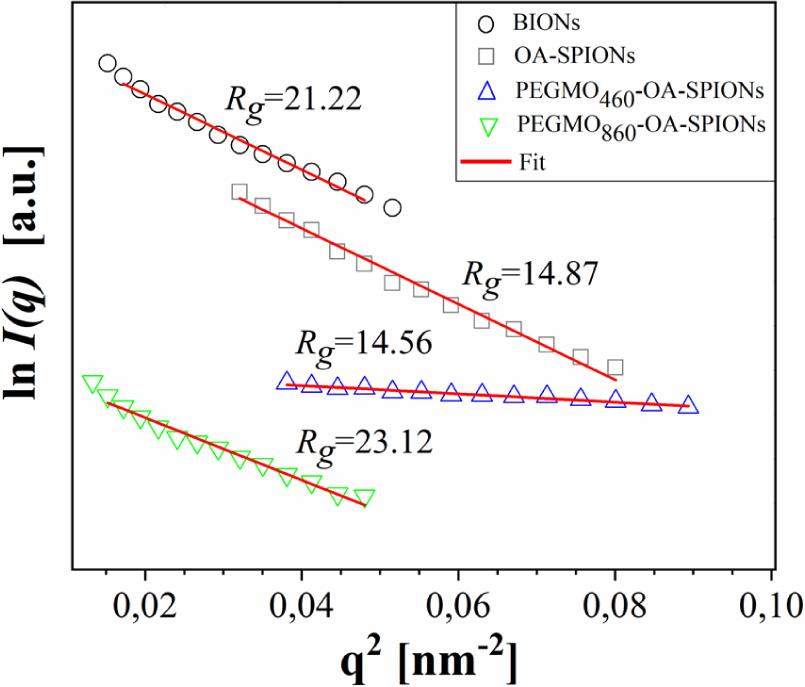 Guinier plots for evaluating radius of gyration Rg for the colloid dispersions (the fitting of the reference model (red line) to experimental SAXS data (grey, blue, green). BIONs, bare iron oxide nanoparticles; OA, oleic acid; PEGMO, poly(ethylene) glycol monooleate; SPIONs, superparamagnetic iron oxide nanoparticles.