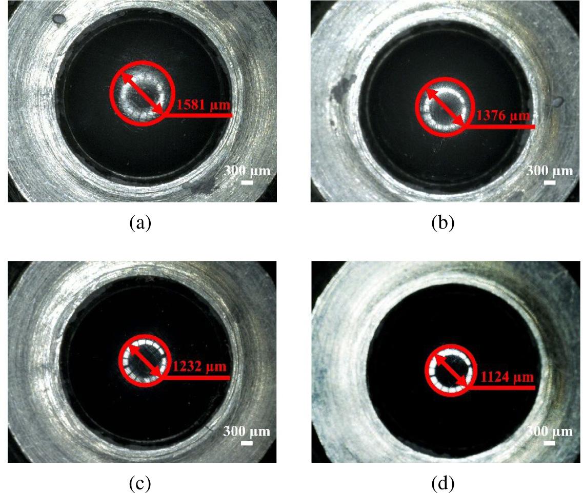 Images of the worn tracks on tribo-pairs against the substrate and the NiMo-TiC coatings with different TiC mass fractions: (a) against substrate; (b) against NiMo-5%TiC coating; (c) against NiMo-15%TiC coating; (d) against NiMo-25%TiC coating.