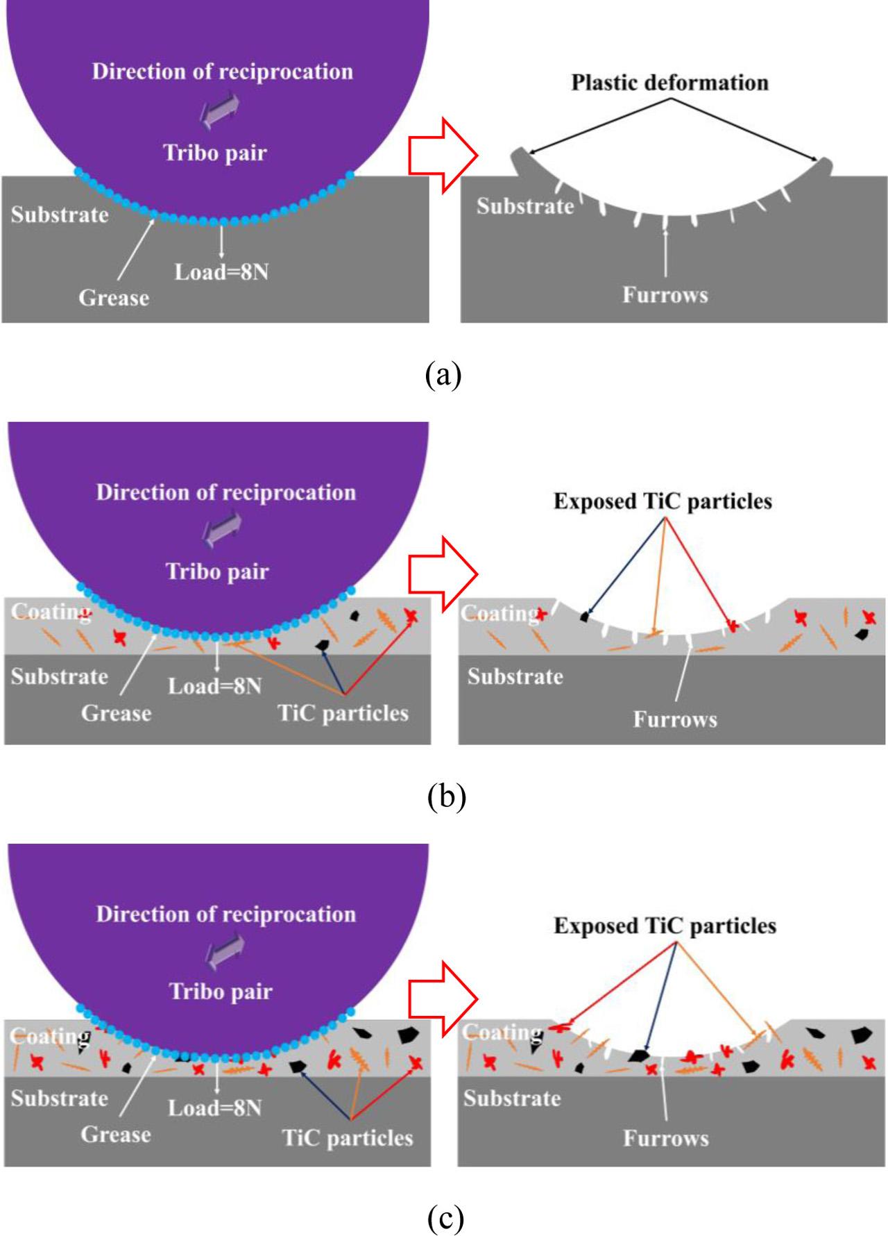 Wear models of substrate and NiMo-TiC coatings with different TiC mass fractions: (a) substrate; (b) NiMo-5%TiC coating; (c) NiMo-15%TiC and NiMo-25%TiC coatings.