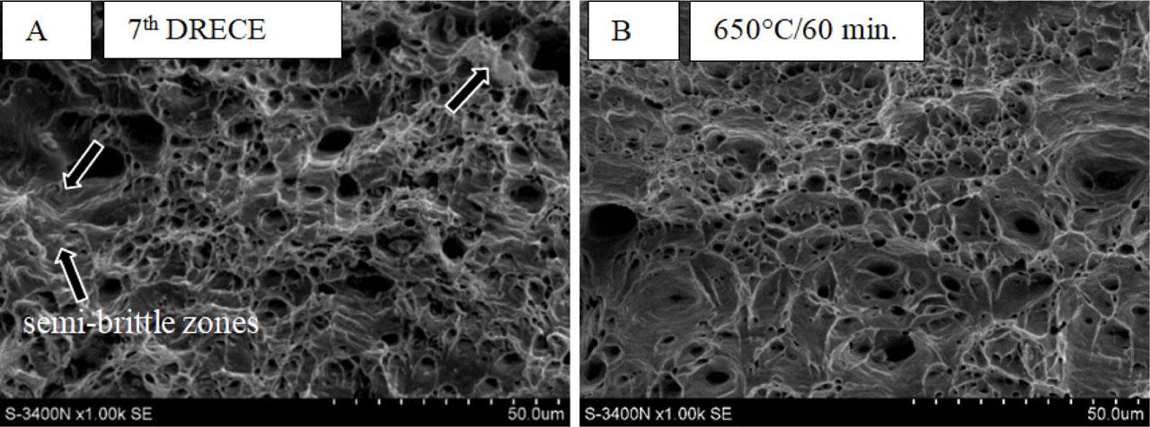 Fracture surfaces of samples after static tensile test: (A) after seven DRECE passes (B) annealed at 650°C. DRECE, dual rolls equal channel extrusion