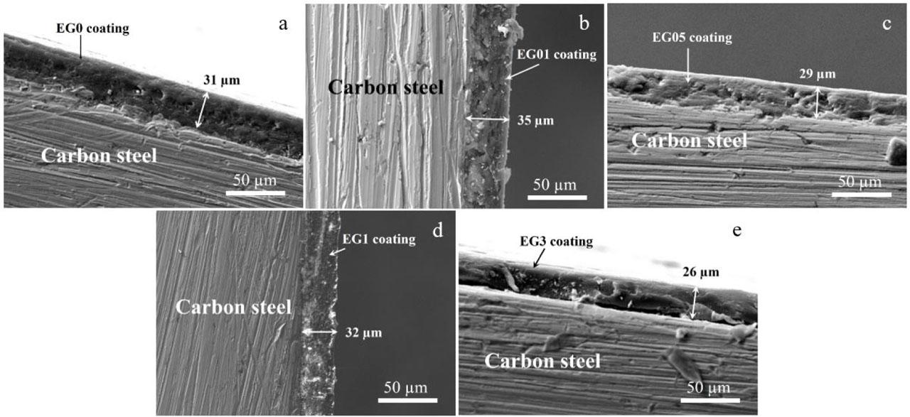 SEM micrographs of the surface coatings: (A) EG0, (B) EG01, (C) EG05, (D) EG1, and (E) EG3. SEM, scanning electron microscopy