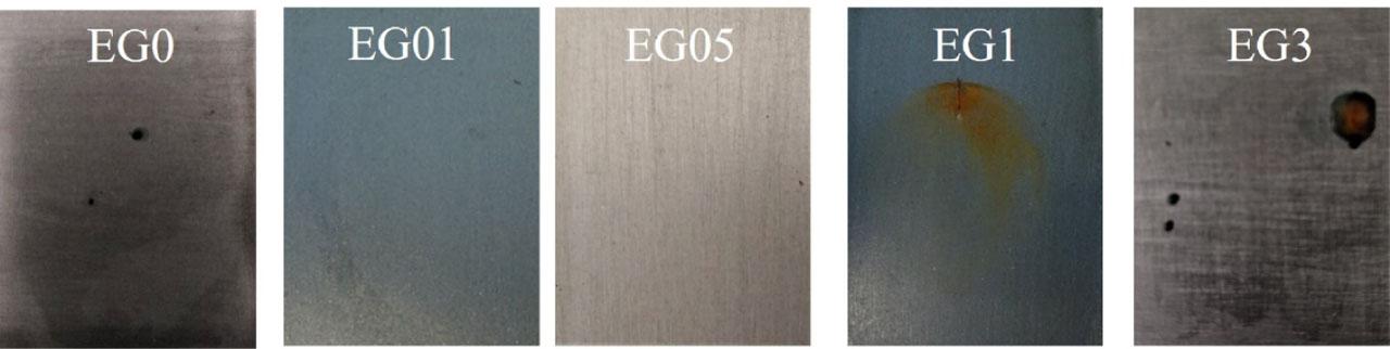 Photographs showing the surfaces of coated steel panels after the boundary corrosion test; EG0, EG01, EG05, EG1, and EG3 in 5% NaCl solution