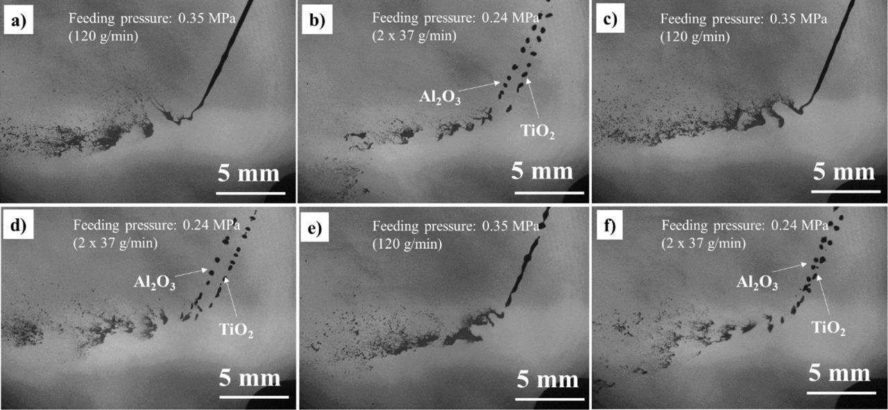 Fragmentation of the suspension in the plasma jet: AT3_i (a), AT3_di (b), AT13_i (c), AT13_di (d), AT40_i (e), AT40_di (f)