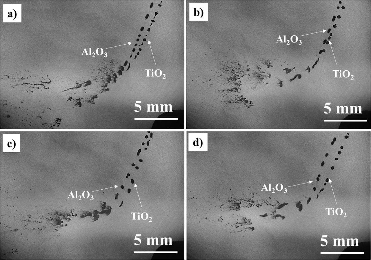 Fragmentation of the AT40_di suspension in the plasma jet prior 1 spray cycle (a), after 15 cycles (b), after 30 cycles (c), and after 45 cycles (d) of the deposition
