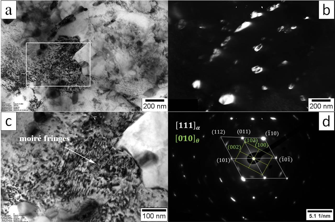 (A) Bright-field image of LTHAZ and (B) corresponding dark-field image from cementite precipitations. (C) The magnification of the area marked in the frame in Figure 5A. Visible Moiré fringes. (D) SAED consistent with the ferrite–cementite Bagaryatskii orientation relationship. TEM, 150 kV. LTHAZ, low-temperature heat-affected zone; TEM, transmission electron microscopy, SAED - selected area diffraction pattern