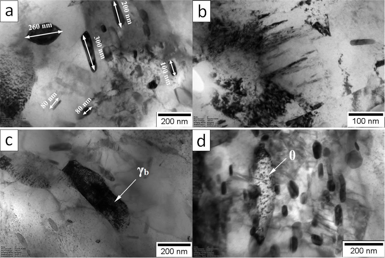 (A) Bright-field image of LTHAZ. Visible coarse cementite precipitations inside bainitic ferrite. (B) Upper bainite. (C) Refined blocky austenite (γb). (D) Cementite precipitations (θ) inside refined blocky austenite. TEM, 150 kV. LTHAZ, low-temperature heat-affected zone; TEM, transmission electron microscopy