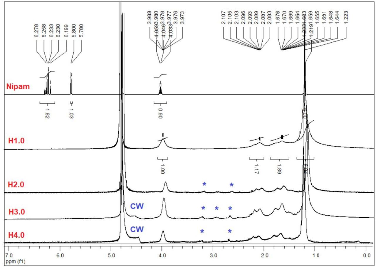 1H NMR spectra of Nipam, H1.0, H2.0, H3.0, and H4.0 (500 MHz, D2O).