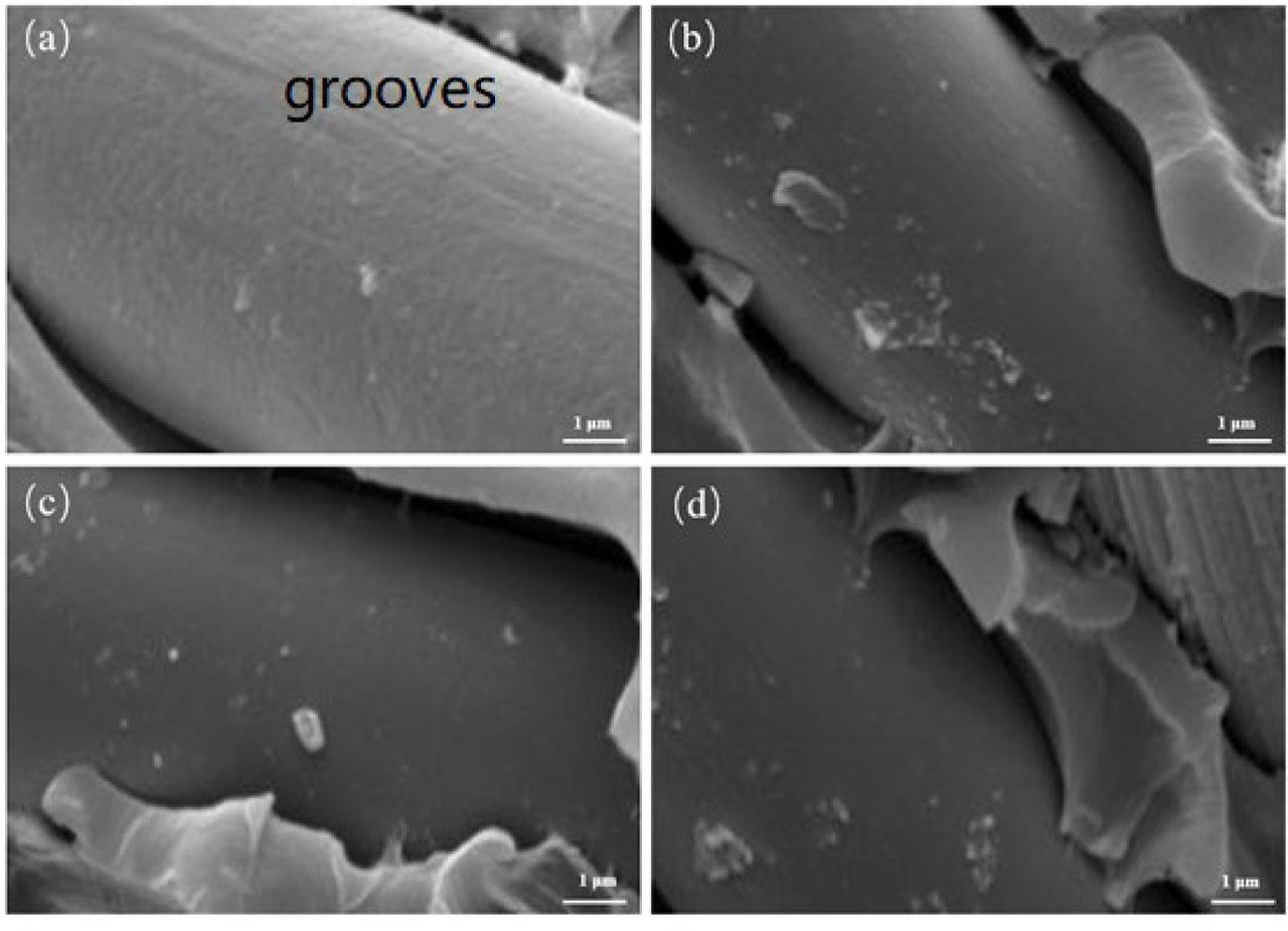 Scanning electron micrograph of CF (a: untreated, b: 1wt% silane coating, c: 2wt% silane coating, and d: 3wt% silane coating).