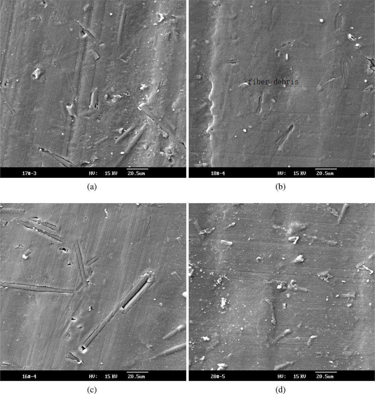 SEM photographs of the composite after wear (a: untreated, b: 1wt% silane coating, c: 2wt% silane coating, and d: 3wt% silane coating).