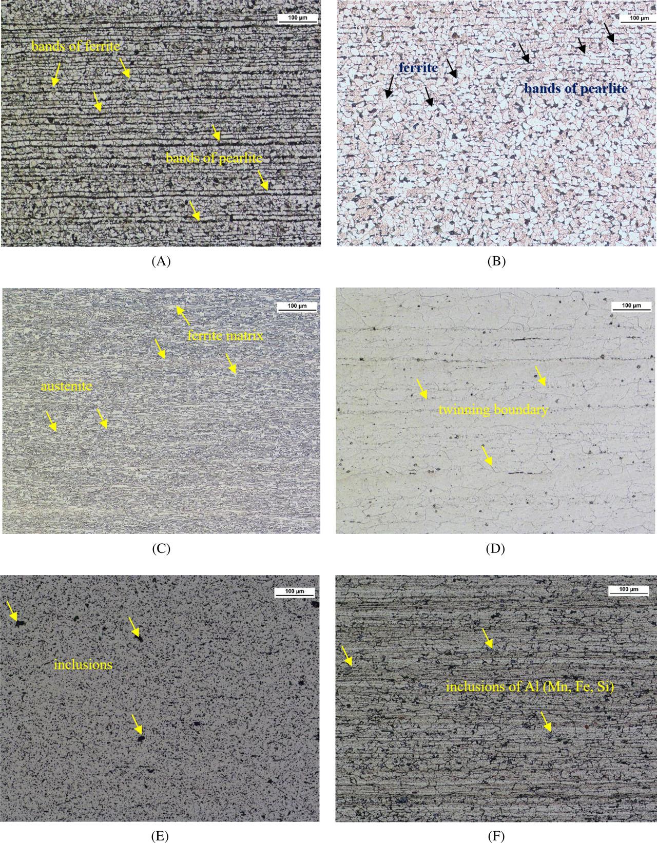Structure of analysed materials: (A) steel P355NH, visible ferrite and pearlite bands; (B) steel grade D, visible ferrite and pearlite grains, pearlite locally shows a slight banding; (C) steel SAF 250, visible austenite islands in a ferritic matrix; (D) Inconel 625, visible austenite grains with twinning boundaries; (E) Al 1050, dark inclusions; (F) Al 5083, state after plastic deformation and annealing. Visible solution α grains and Al (Mn, Fe, Si) inclusions, inter-metallic phases of Al3Mg2 and texture of deformation and (G) titanium grade 1, visible grains with twinning boundaries. Etched state, light microscopy