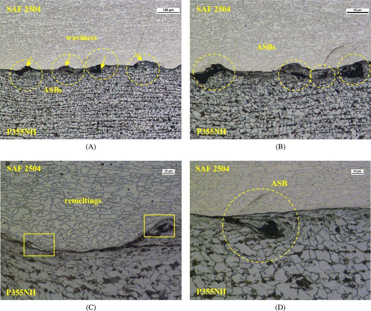 Microstructure of bimetal SAF 2504 – P355NH: (A) 100× magnification; (B) 200× magnification; and (C) 500× magnification. Etched state, light microscopy, (D) 500× magnification