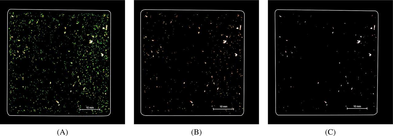 Results of SAM C-scan ultrasonic tests, SAF 2504 – P355NH joints: (A) threshold 45% of reference range; (B) threshold 65% of reference range and (C) threshold 85% of reference range