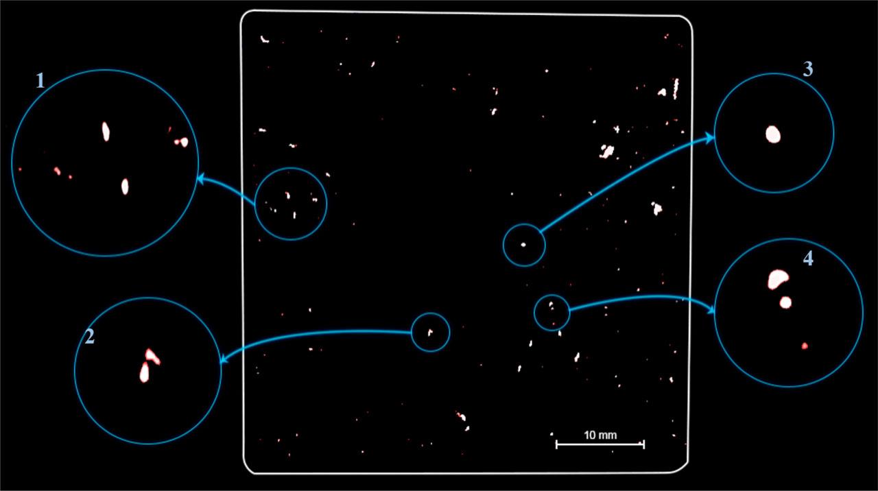 Results of ultrasonic tests of SAF 2504 – P355NH joint: (1) surface 0.63 mm2, (2) surface 0.14 mm2, (3) surface 0.11 mm2 and (4) surface 0.23 mm2