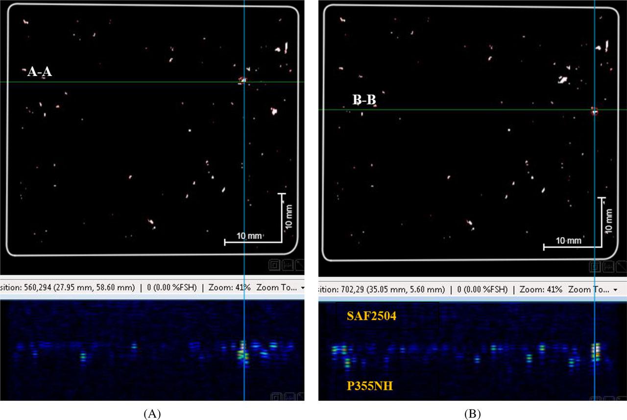 C-scan and B-scan acoustic cross-sections of SAF 2504 – P355NH bimetal for two selected scanning lines: (A) cross section A-A and (B) cross section B-B