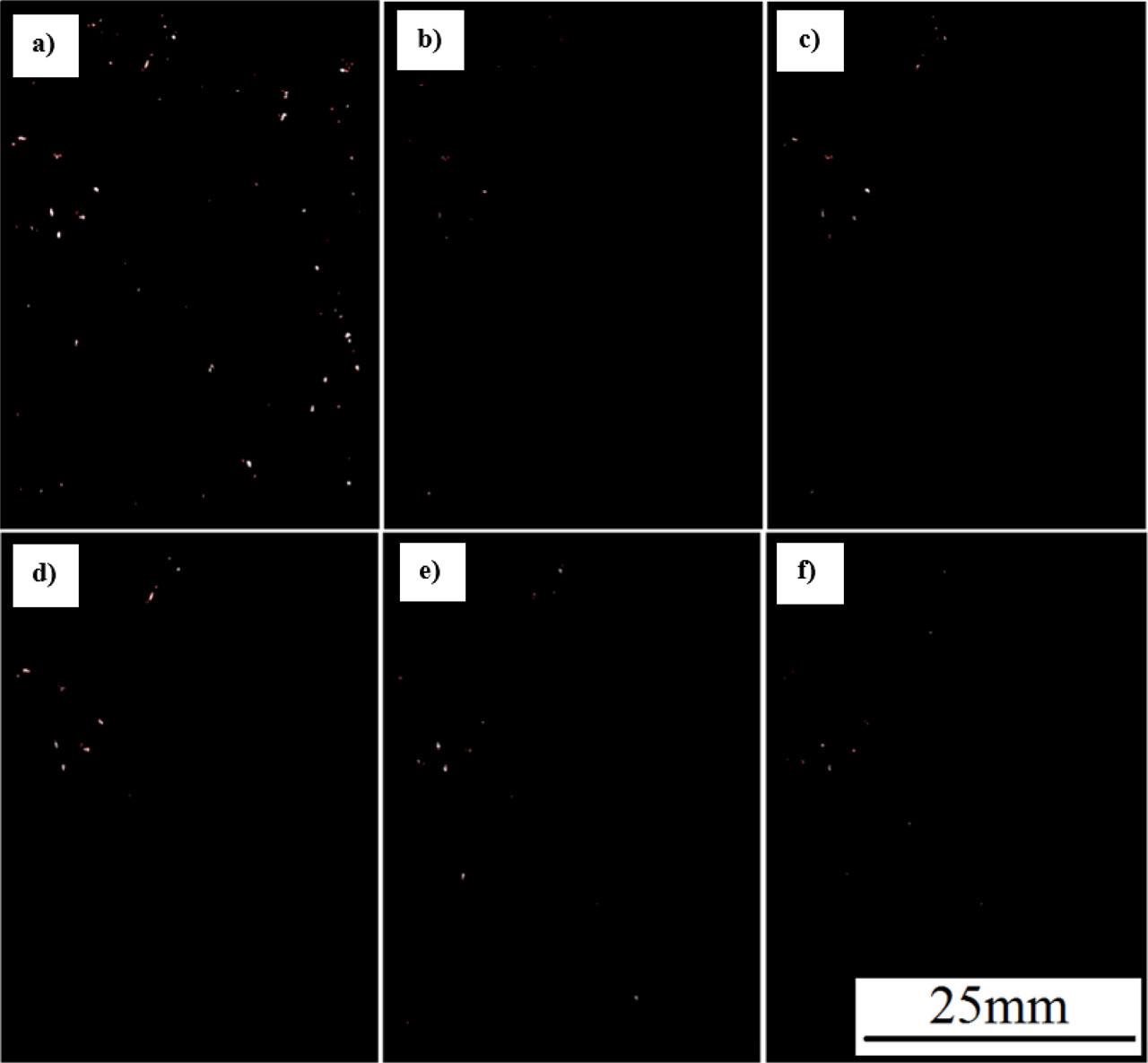 X-scan presentations of SAF 2504 – P355NH joint: (A) C-scan registered in 2.9–3.00 mm range; (B) depth 2.94 mm; (C) depth 2.95 mm; (D) depth 2.96 mm; (E) depth 2.97 mm and (F) depth 2.98 mm
