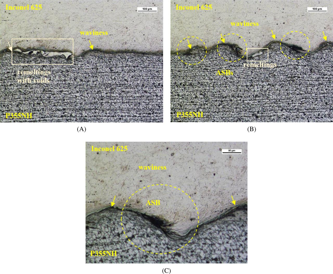 Microstructure of Inconel 625 – P355NH bimetal: (A) magnification 100×; (B) magnification 100×; and (C) magnification 200×. Etched state, light microscopy