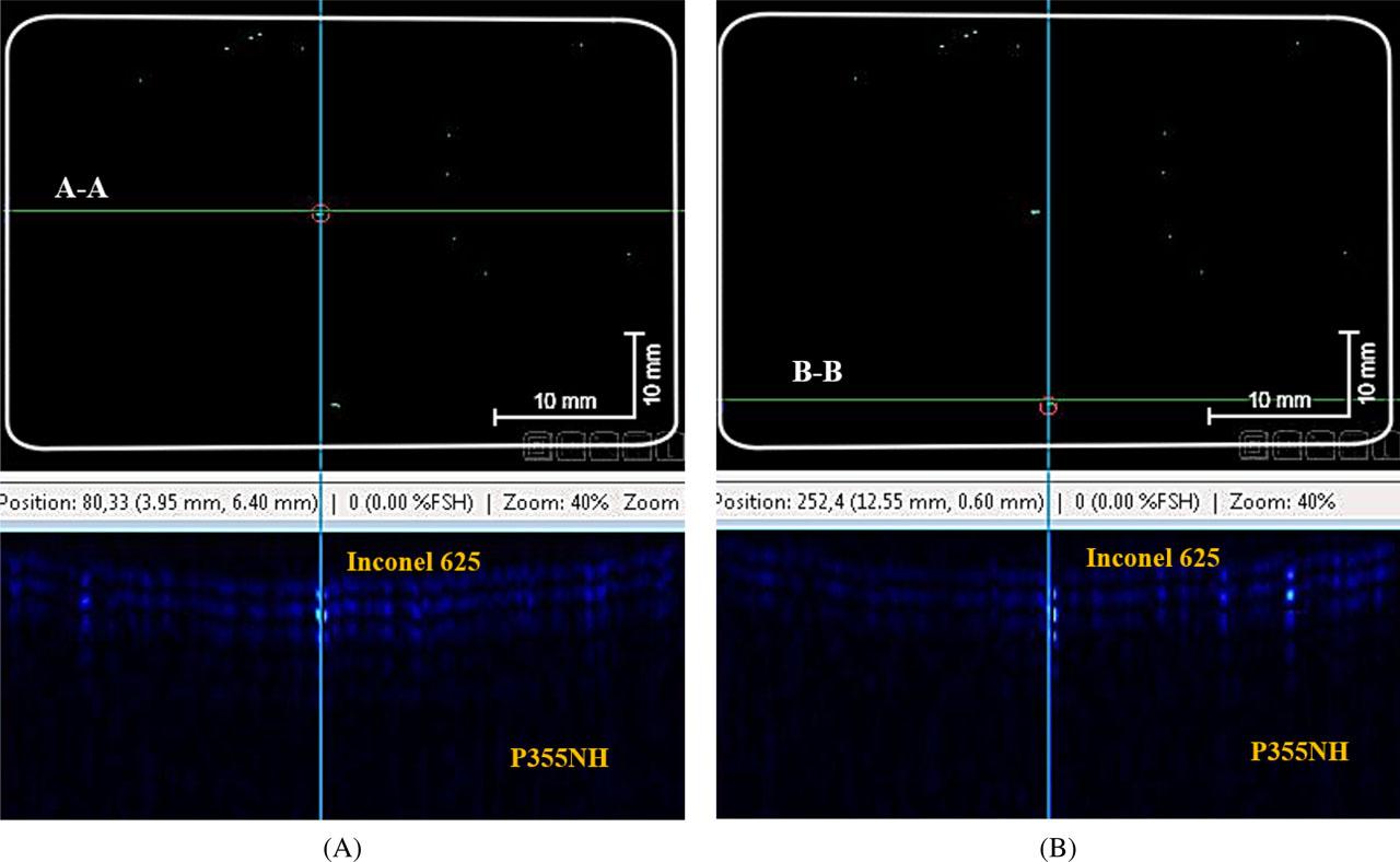 C-scan and B-scan acoustic cross-sections of Inconel 625 – P355NH bimetal for two selected scanning lines: (A) cross section A–A and (B) cross section B–B