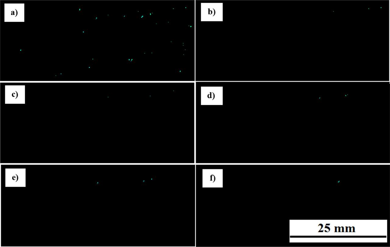 X-scan presentations of Inconel 625 – P355NH joint: (A) C-scan registered in the range of 3.01–3.06 mm; (B) depth 3.01 mm; (C) depth 3.02 mm; (D) depth 3.04 mm; (E) depth 3.05 mm and (F) depth 3.06 mm