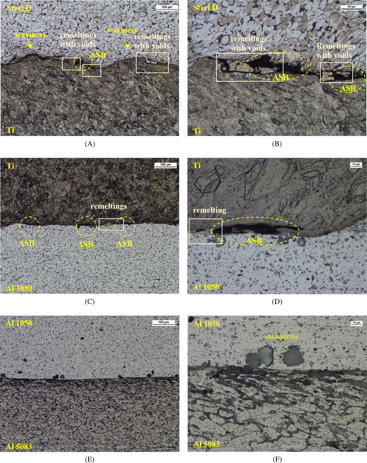 Microstructure of a four-layer clad plate: steel grade D – Ti grade 1 – Al 1050 – Al 5083: (A) steel grade D – Ti grade 1, magnification 100×; (B) steel grade D – Ti grade 1, magnification 200×; (C) Ti grade 1 – Al 1050, magnification 100×; (D) Ti grade 1 – Al 1050, magnification 500×; (E) Al 1050 – Al 5083, magnification 100× and (F) Al 1050 – Al 5083, magnification 500×. Etched state, light microscopy