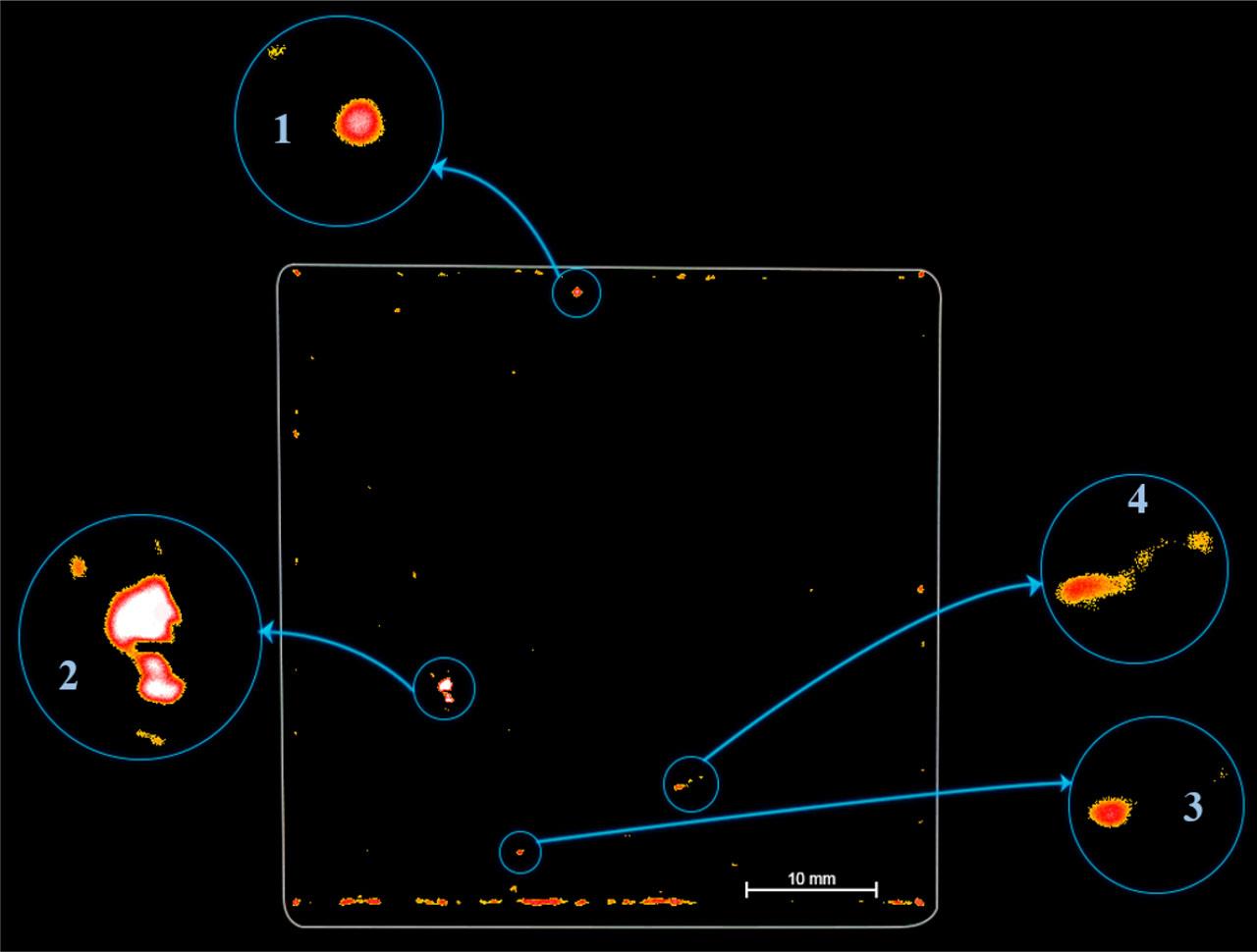 Results of C-scan indications of ultrasonic tests of a four-layer clad plate: steel grade D – Ti grade 1 – Al 1050 – Al 5083. Close-ups of particular indications: (1) surface 0.44 mm2, (2) surface 1.51 mm2, (3) surface 0.27 mm2 and (4) surface 0.52 mm2