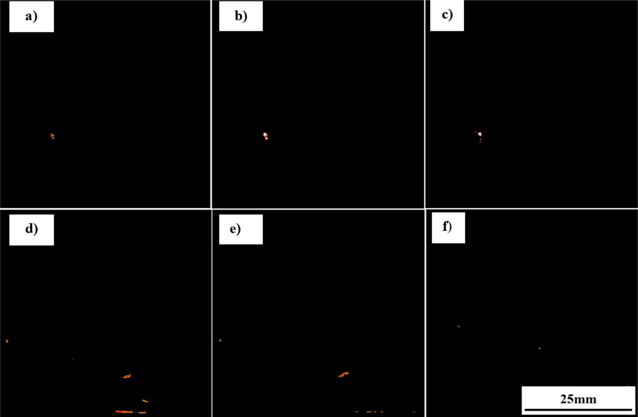 A four-layer clad plate: steel grade D – Ti grade 1 – Al 1050 – Al 5083, X-scan: (A) depth 11.90 mm, (B) depth 11.91 mm, (C) depth 11.92 mm, (D) depth 11.93 mm, (E) depth 11.94 mm and (F) depth 11.95 mm, scanning acoustic microscope