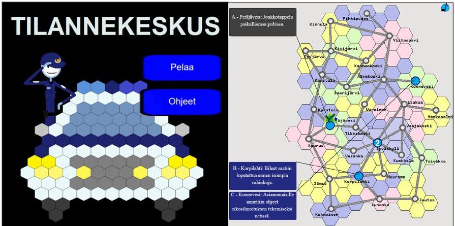 Title screen and user interface of The Operation CenterComments: The Finnish words on the title screen (left image) mean ‘play’ (pelaa) and ‘instructions’ (ohjeet). The user interface (right image) was modelled on systems used in Finnish operation centers.