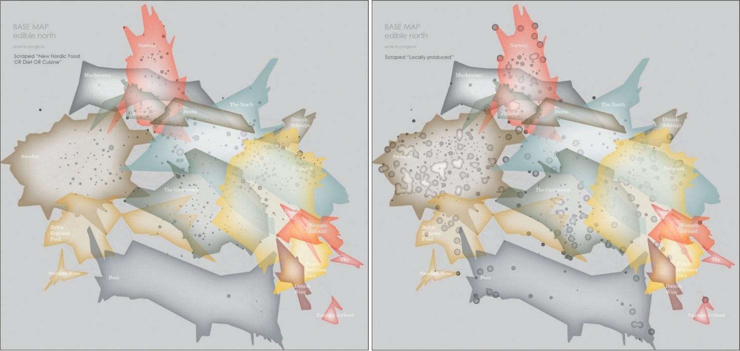 Stylized interpretation of the web corpus (2007 websites connected by hyperlinks – see also Figure 6) with two semantic overlaysComment: On the left, mentions of the terms “new Nordic food”, “new Nordic cuisine” or “new Nordic diet” in any of the Nordic languages are highlighted. On the right are mentions of the term “locally produced”.