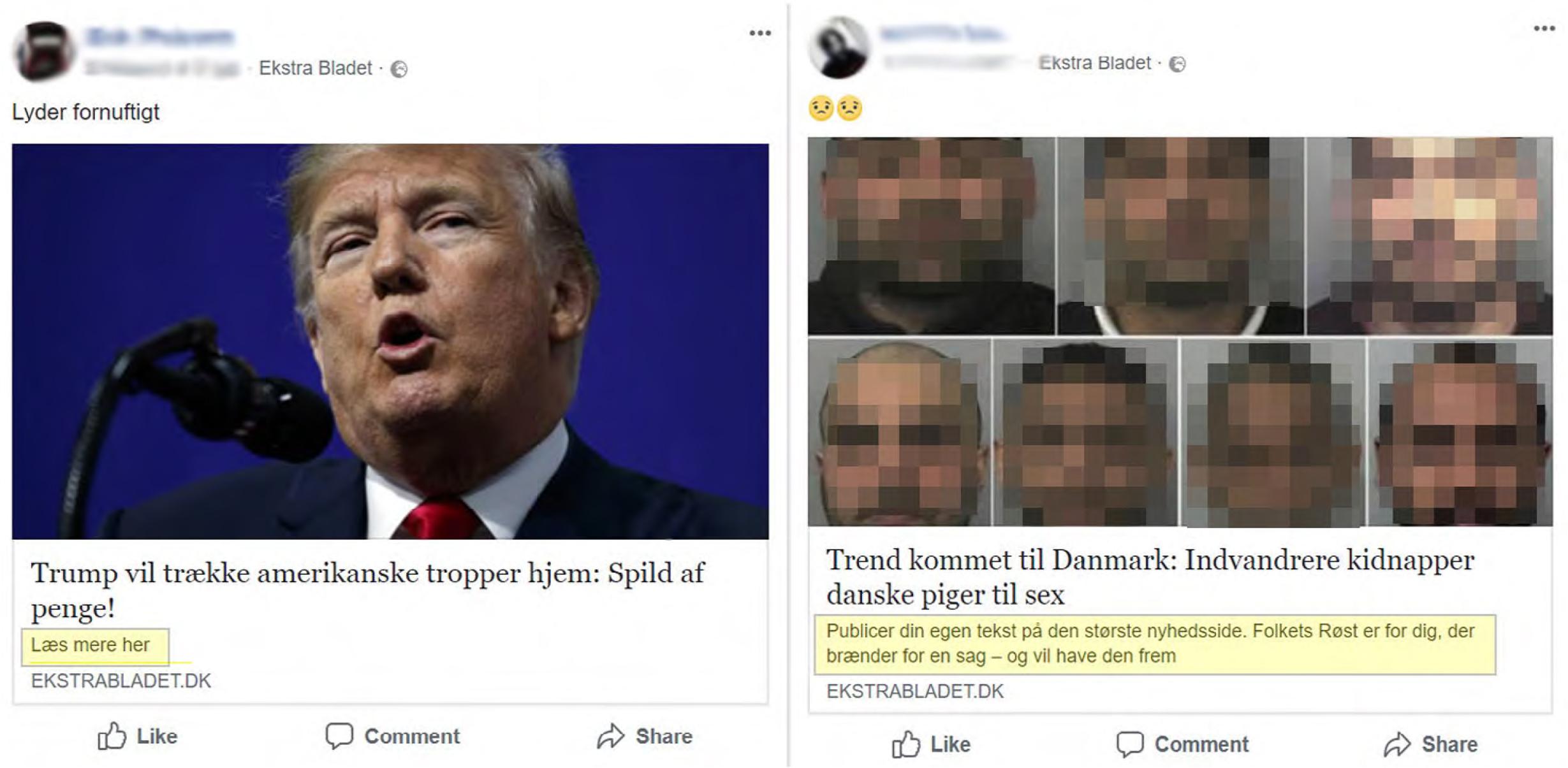 Resemblance in visual layout for articles shared on Facebook, Ekstra Bladet (left) and The People’s Voice (right), differences highlightedComment: The image from The People’s Voice has been blurred. It derives from a criminal case in the UK (Topping, 2013).