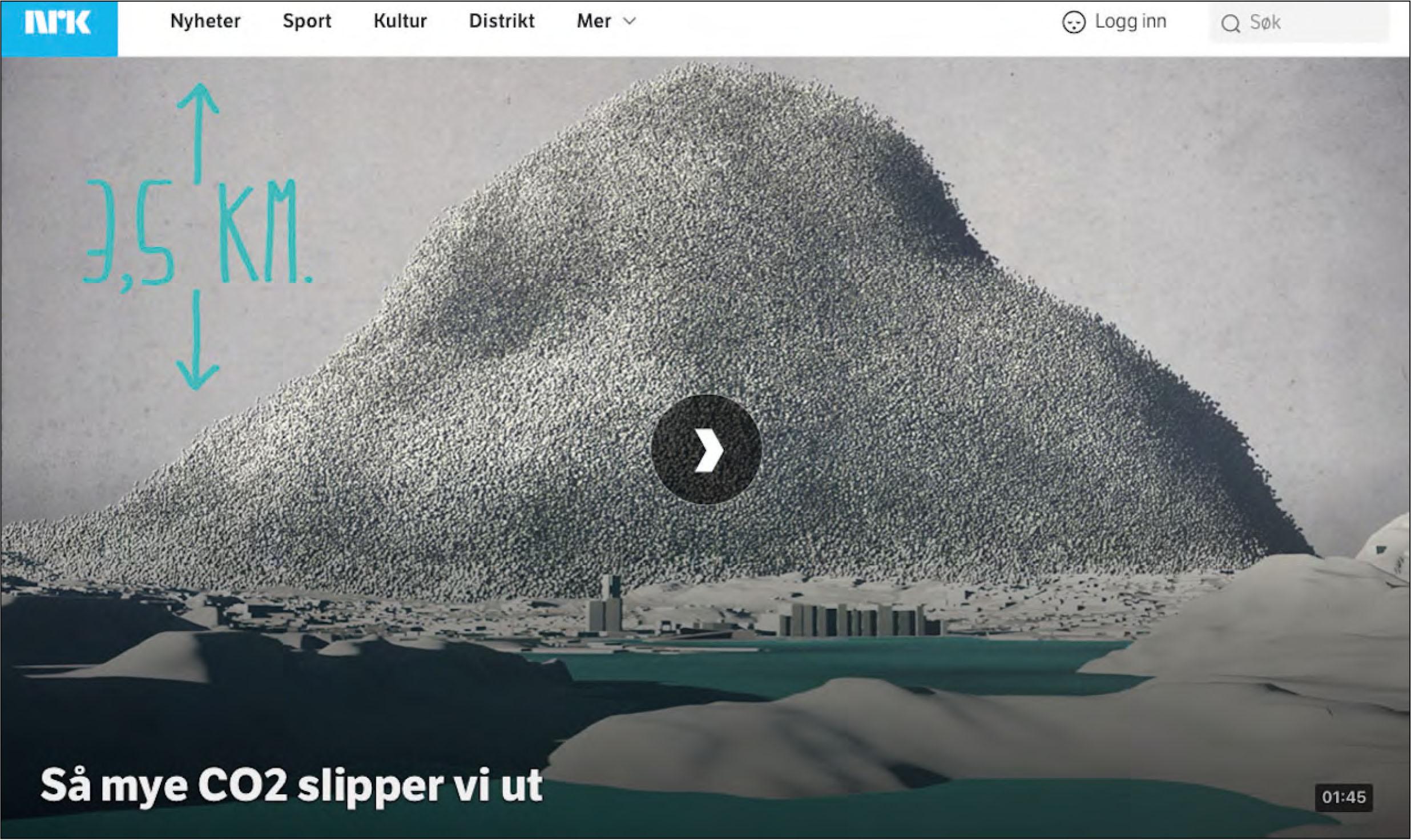 Screenshot of video 2 with figurative metaphoric mountain and invisible narratorComment: The caption reads: “This is how much CO2 we emit”.Source: NRK, 2015b