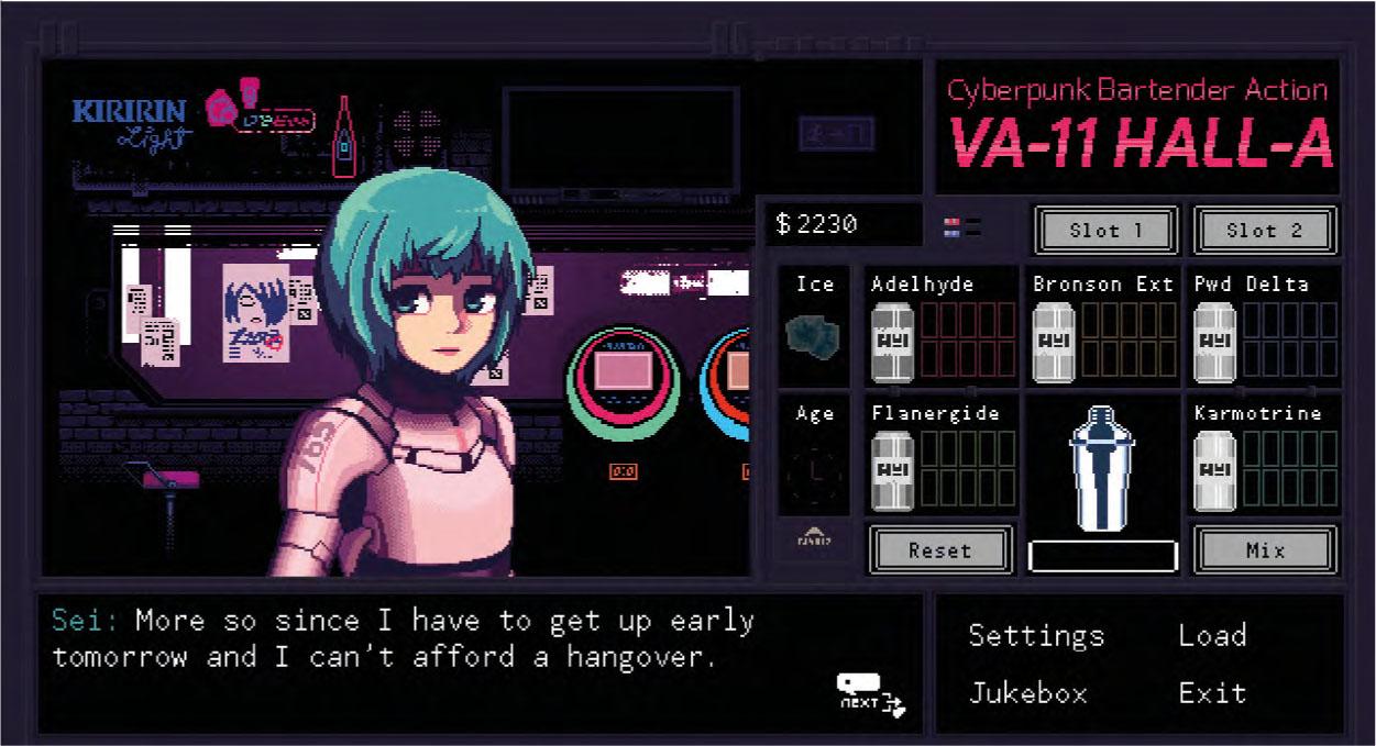 Virtual bartendingComments: A police officer regularly visits the bar in V:CAB.Source: VA11 HALL-A (Sukeban Games, 2016)Comments: A typical end of day tally for Jill the bartender, including bonuses for having no mistakes and helping a customer calm down.Source: VA11 HALL-A (Sukeban Games, 2016)