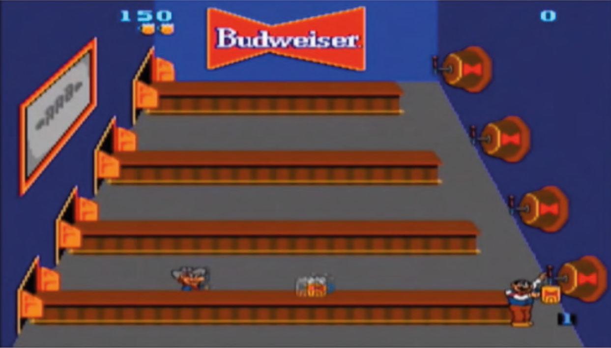 Early roots of virtual bartendingComments: Tapper has, over the years, been franchised by Root Beer, Budweiser, and Mountain Dew. Above, a Budweiser banner can be seen topping the screen.Source: Tapper (Marvin Glass and Associates, 1983)Comments: Level score system shown to the player at the start of the game.Source: Tapper (Marvin Glass and Associates, 1983)