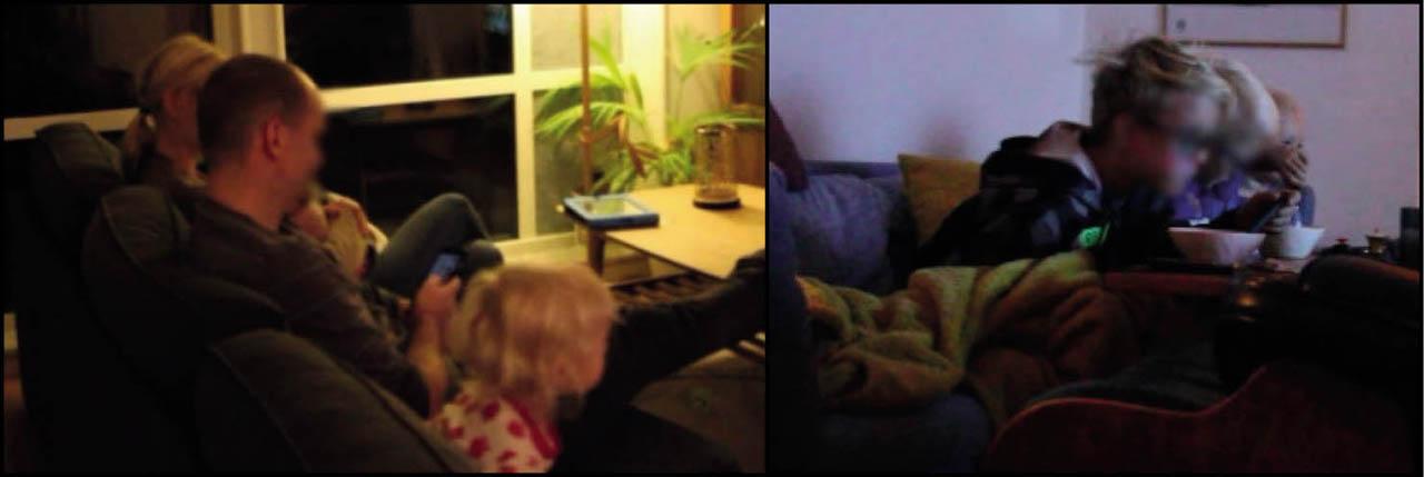 Watching children's programmes on the digital TV screen with family membersComments: The left image shows Anna and her parents together on the couch facing the television. The right image shows Oscar with his siblings on the couch watching television and eating. Images are published with the informed consent of the parents.