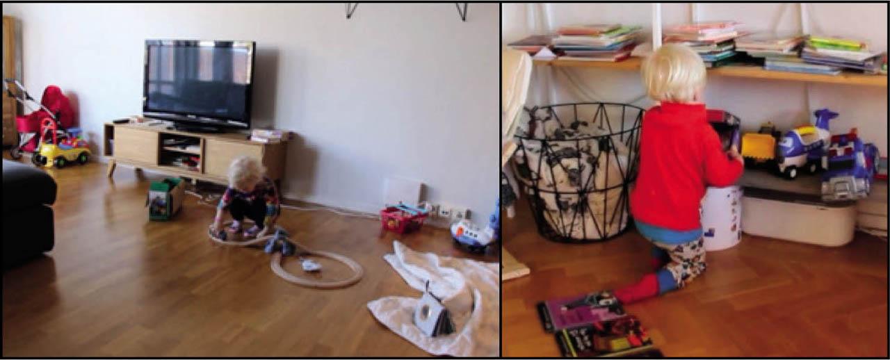 Traditional patterns of play offline as part of everyday routinesComments: In the left image, Anna plays with a wooden train set among other toys. In the right image, Oscar chooses among toys on a shelf. Images are published with the informed consent of the parents.