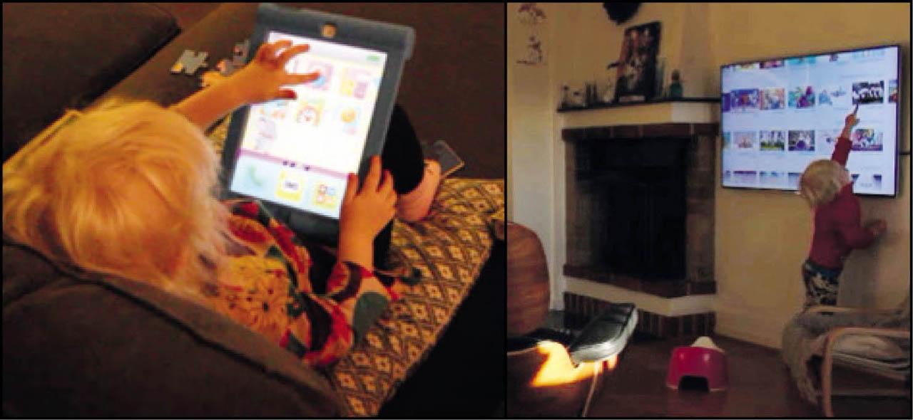 Interacting with digital technologyComments: On the left, Anna uses an app on a tablet. On the right, Oscar points to a programme he would like to watch on digital TV. Images are published with the informed consent of the parents.