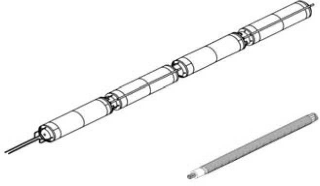 Top: Isometric view of the instrumented material sample containers. Bottom: Isometric view of the electrical heater coils.