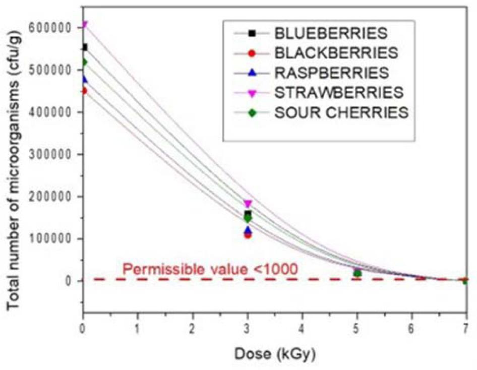 Influence of different doses of gamma radiation on the total number of microorganisms in samples of freeze-dried berries. The red line represents the limit of the permissible value.