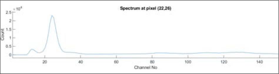 The energy spectrum of a single tumour pixel. The 26.3 keV peak is located at channel 12, while the 59.5 keV peak is located at channel 24.