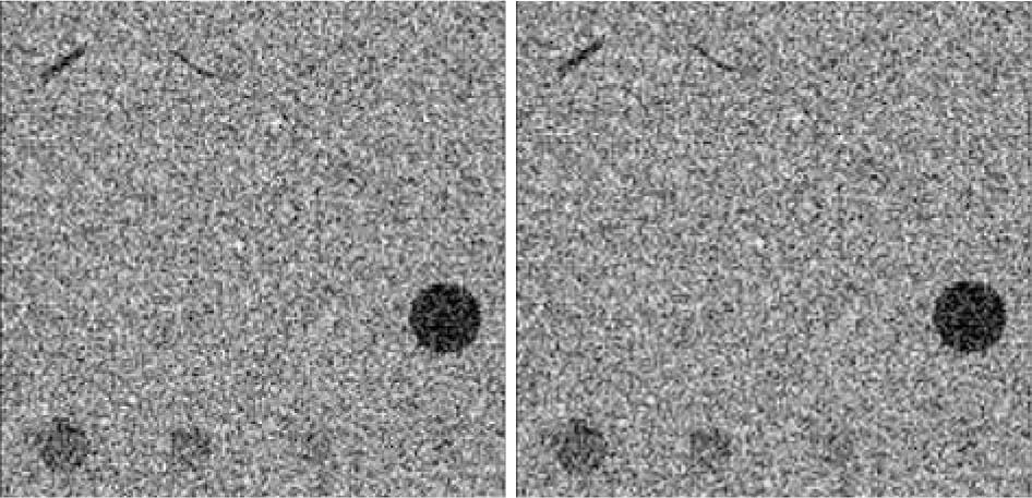 Images produced with 59.5 keV photons (left) and 26.4 keV photons (right) using a 0.5 mm openings.