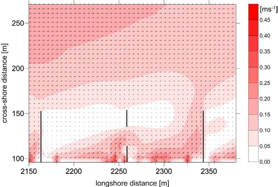 Calculated depth-averaged flow velocities for a groin with a breach about its central part in moderate storm conditions (Hs=1 m, Tp=4 s, α=45°)