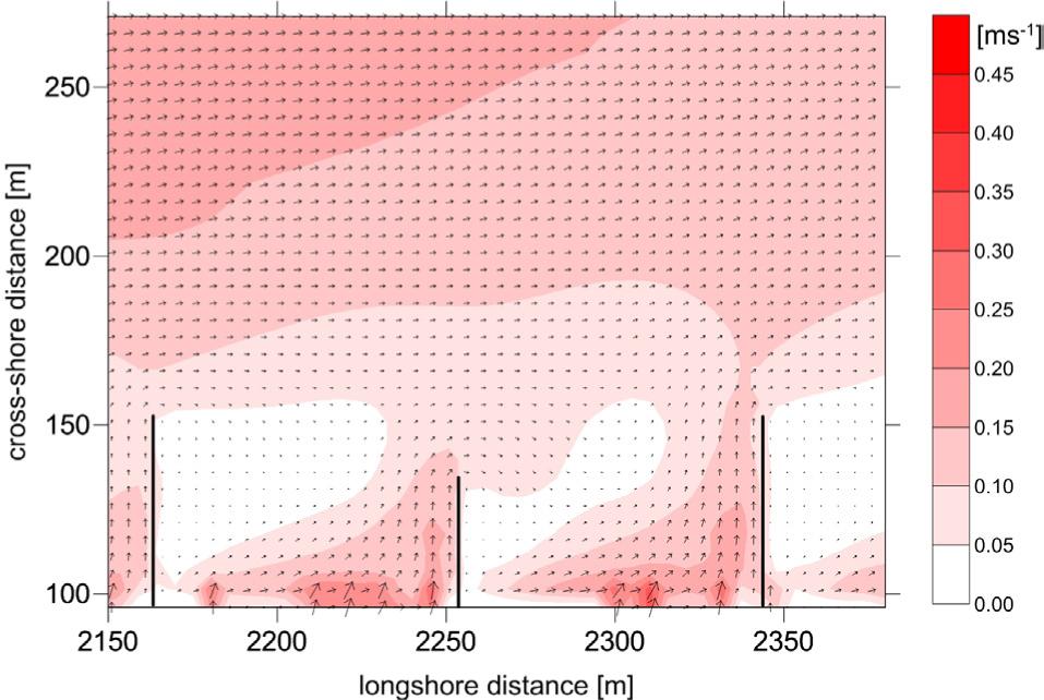 Calculated depth-averaged flow velocities for a groin with missing piles at its end in moderate storm conditions (Hs=1 m, Tp=4 s, α=45°)